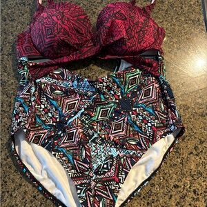 Swimsuits For All Plus-Sized Red and Blue Geometric One Piece